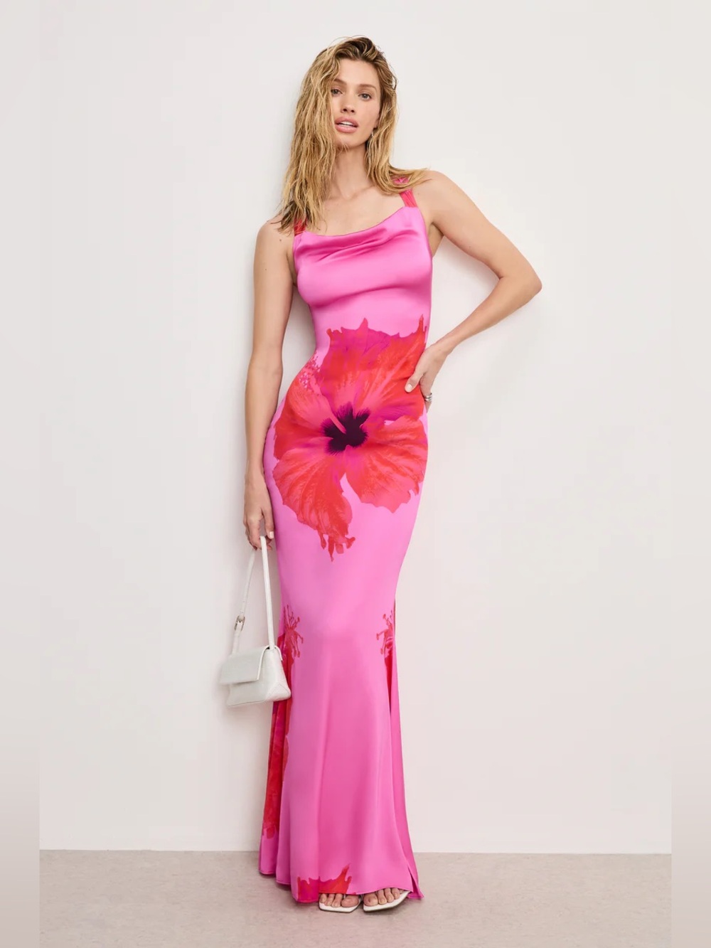 Good America Satin Lace Up Maxi Dress Size M Pink Hibiscus
